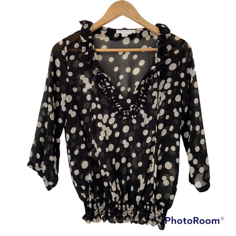 MARGARET M BLACK/WHITE POLKA DOT BLOUSE W/RUFFLE NECKLINE, SHIRRED WAIST, SM